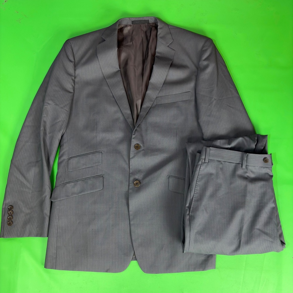 Tallia 100% Wool 2pc Suit Mens 44L 36/30 Gray Pinstripe Blazer Trousers